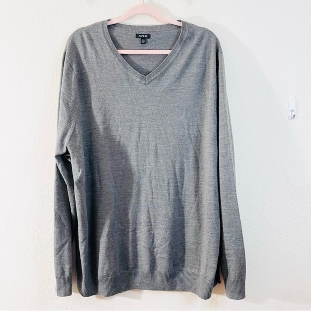 APT 9 V-Neck Merino Wool Blend Long Sleeve Men Sweater 3XB Gray Lightweight
